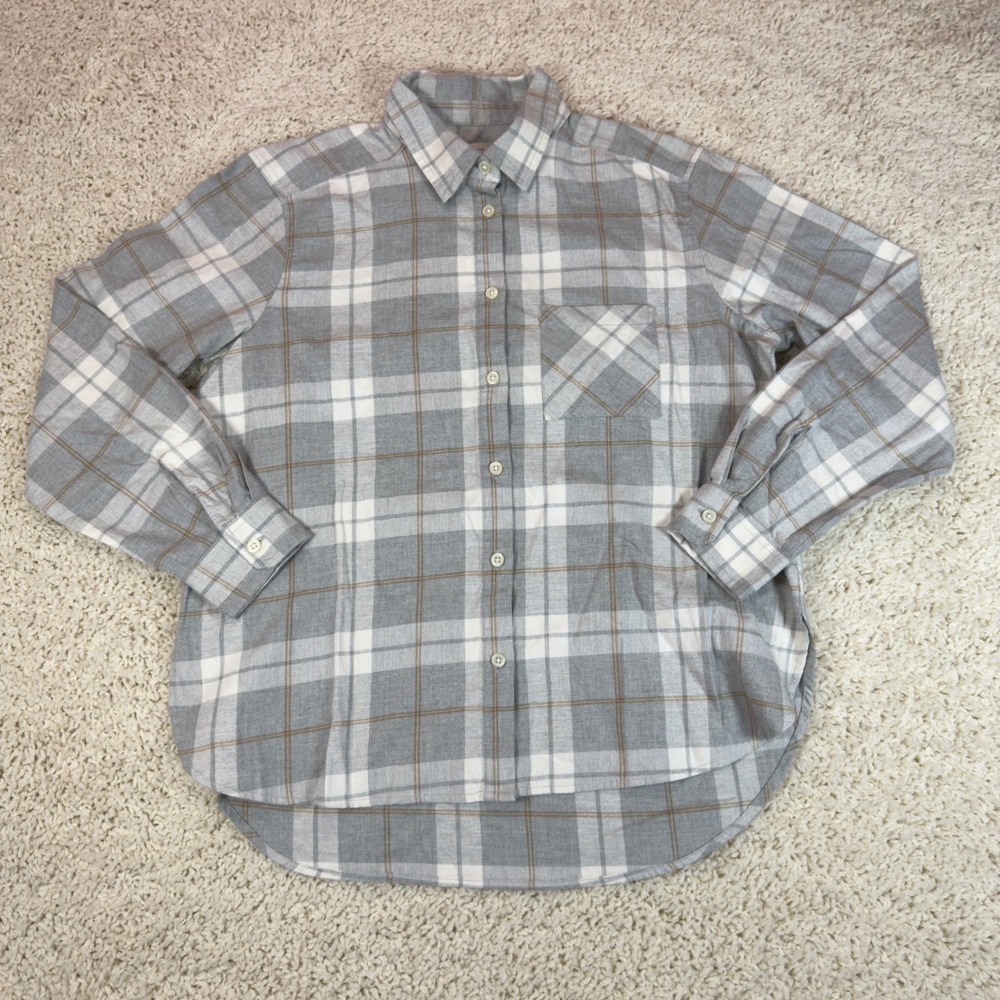 LOFT Plaid Flannel Button Down Shirt Womens Small Gray White Casual Soft Top